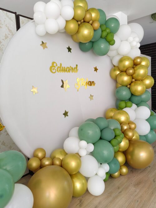 Baloane heliu botez cu verde, alb si auriu